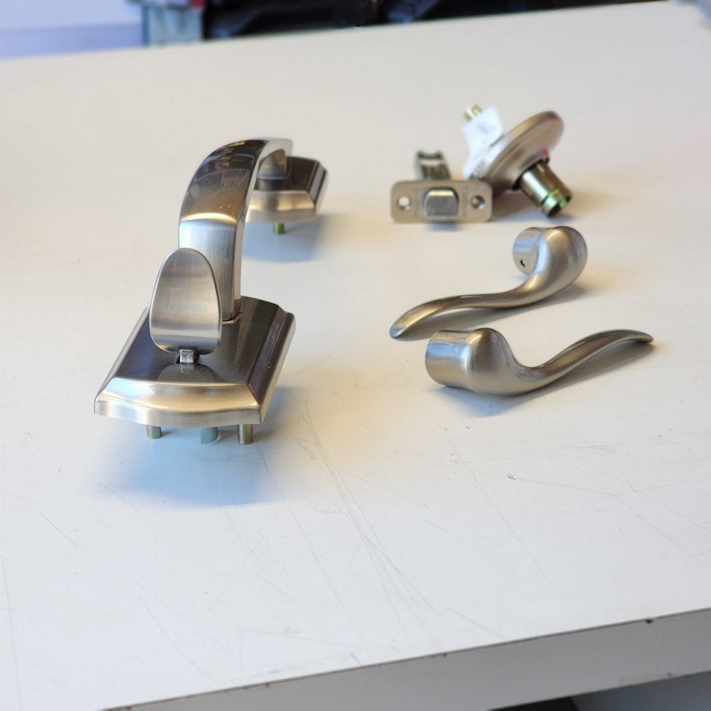 Prescott Satin Nickel Door Handleset Only with Tustin Door Handle in Satin Nickel Prescott Satin Nickel Door Handleset Only with Tustin Door Handle in Satin Nickel